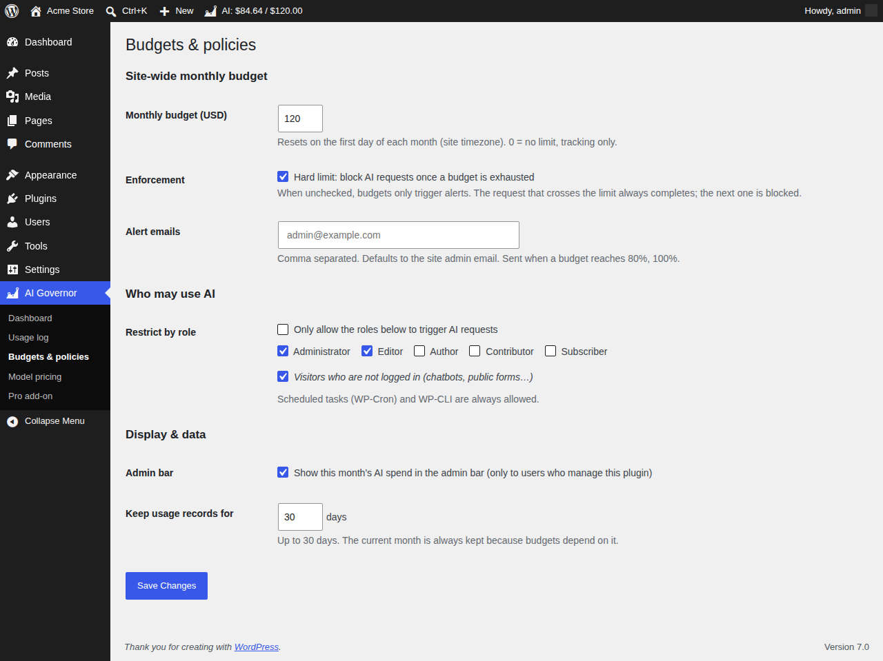 Budgets and policies settings screen